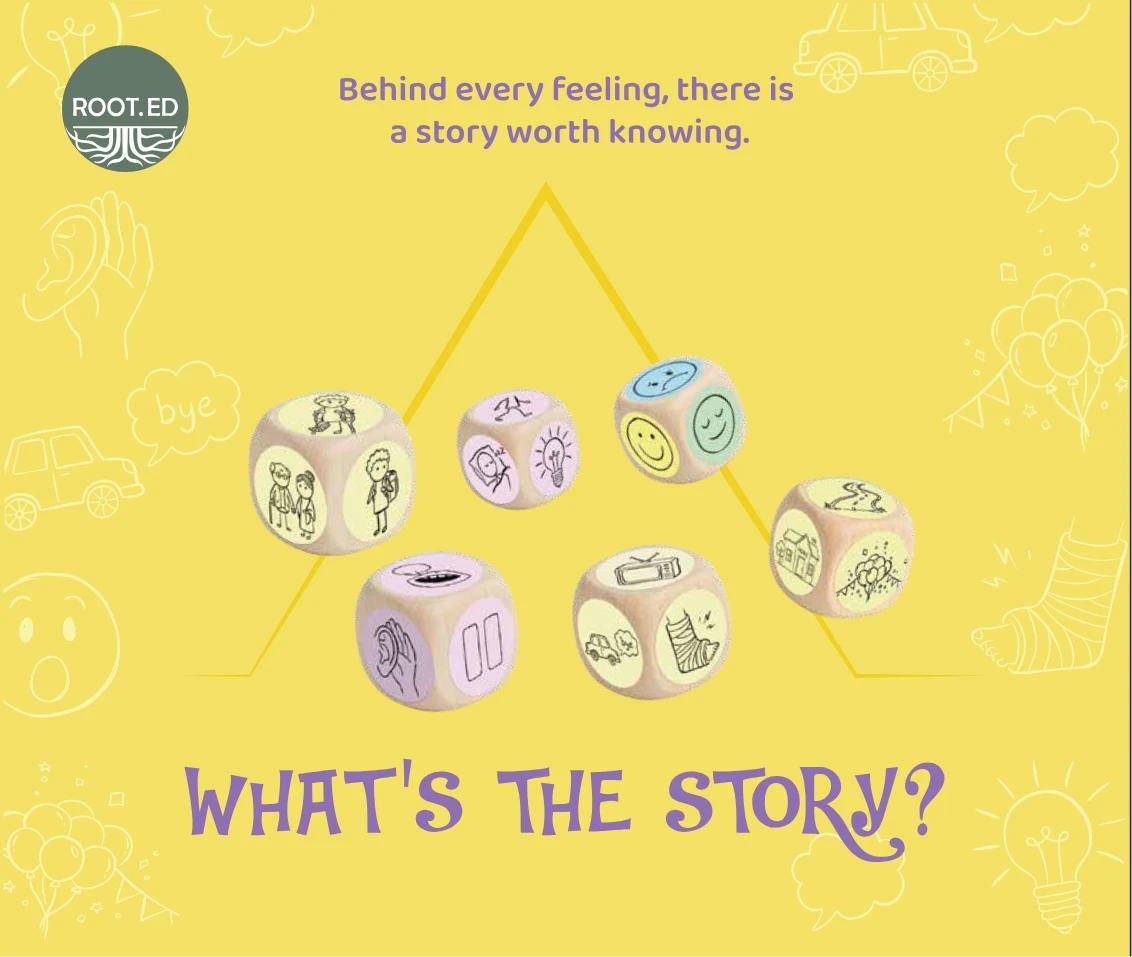 What's the Story storytelling dice game on a yellow background